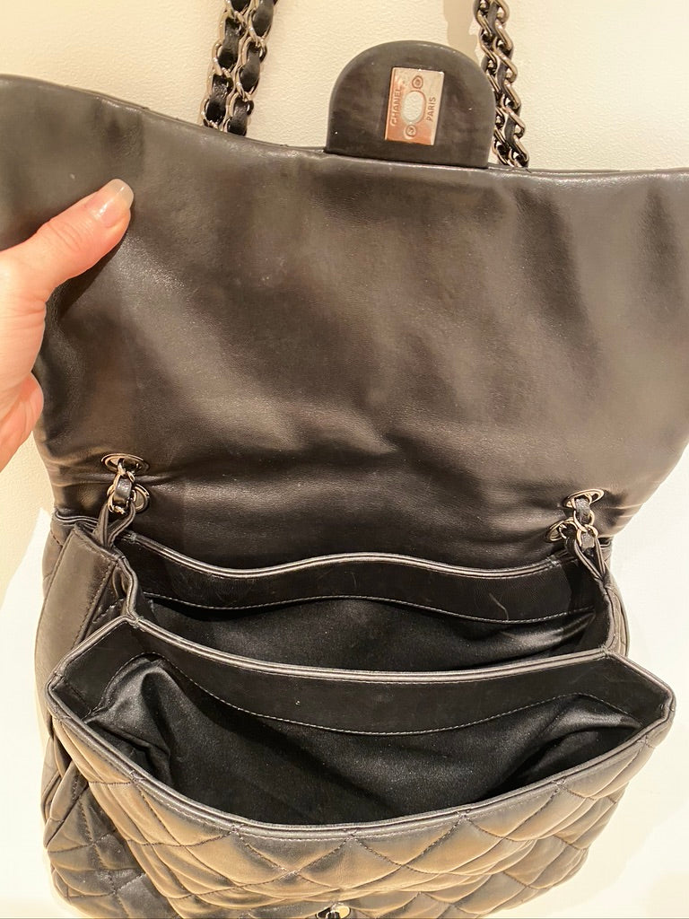 Chanel Black Quilted Lambskin Leather Maxi 3 Accordion Flap Bag