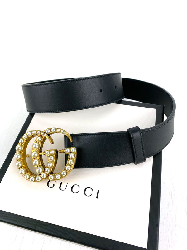 Gucci Leather Belt With Pearl Double G/Bælte - Str 80 - (Nypris 4.250 kr)