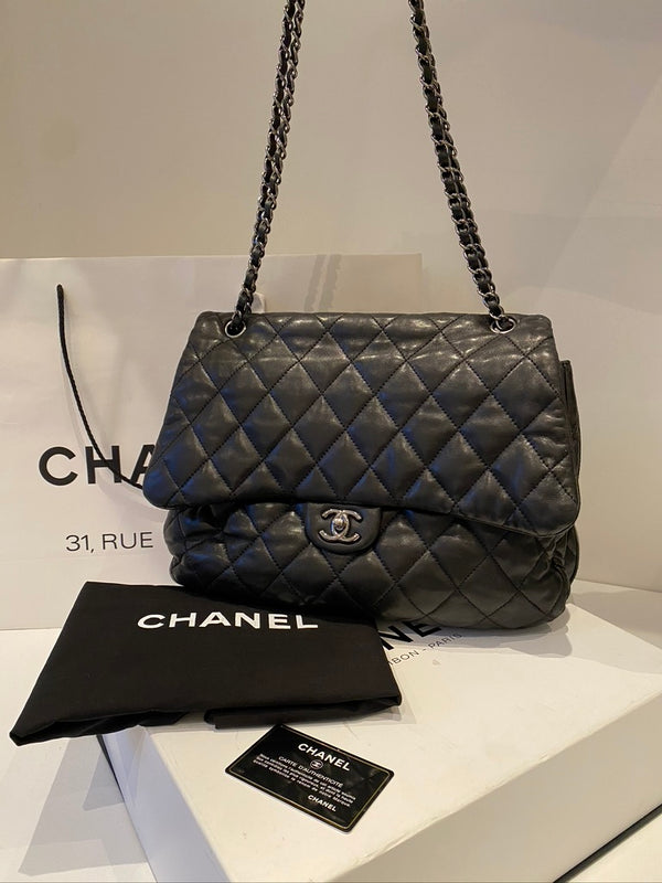 Chanel Black Quilted Lambskin Leather Maxi 3 Accordion Flap Bag