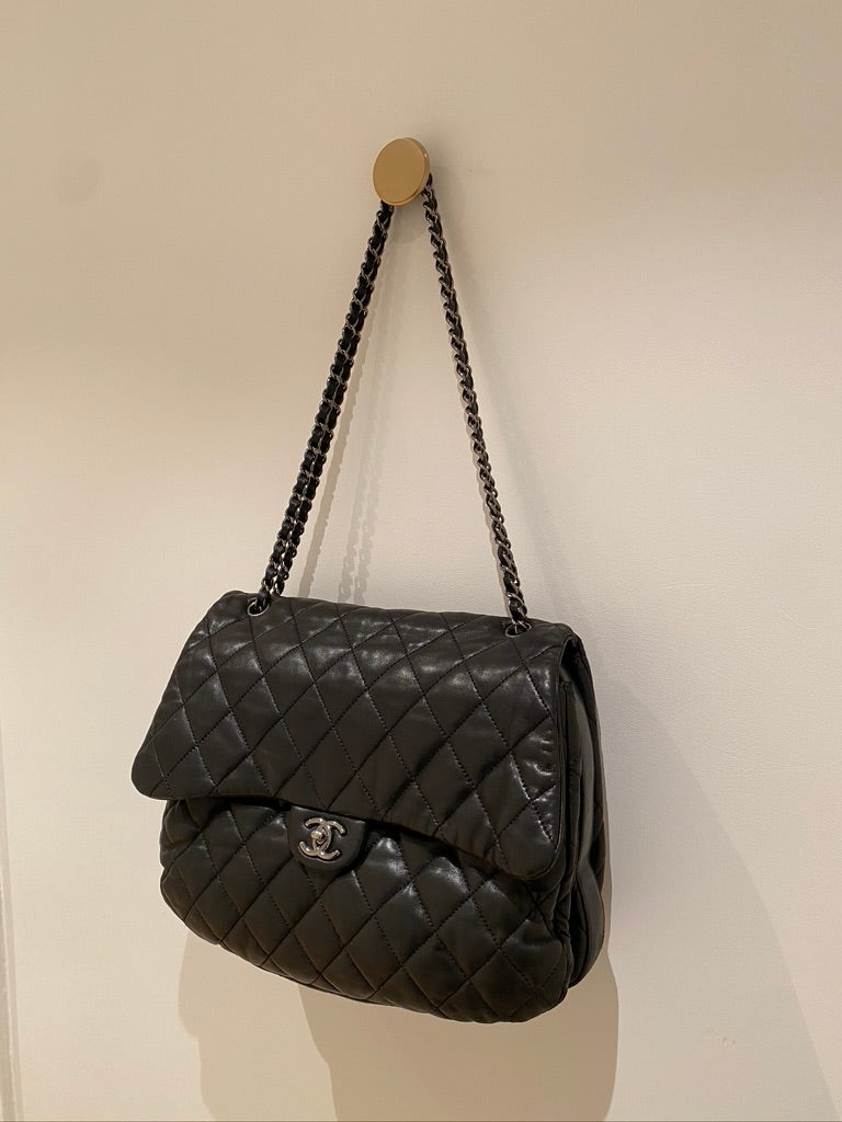 Chanel Black Quilted Lambskin Leather Maxi 3 Accordion Flap Bag