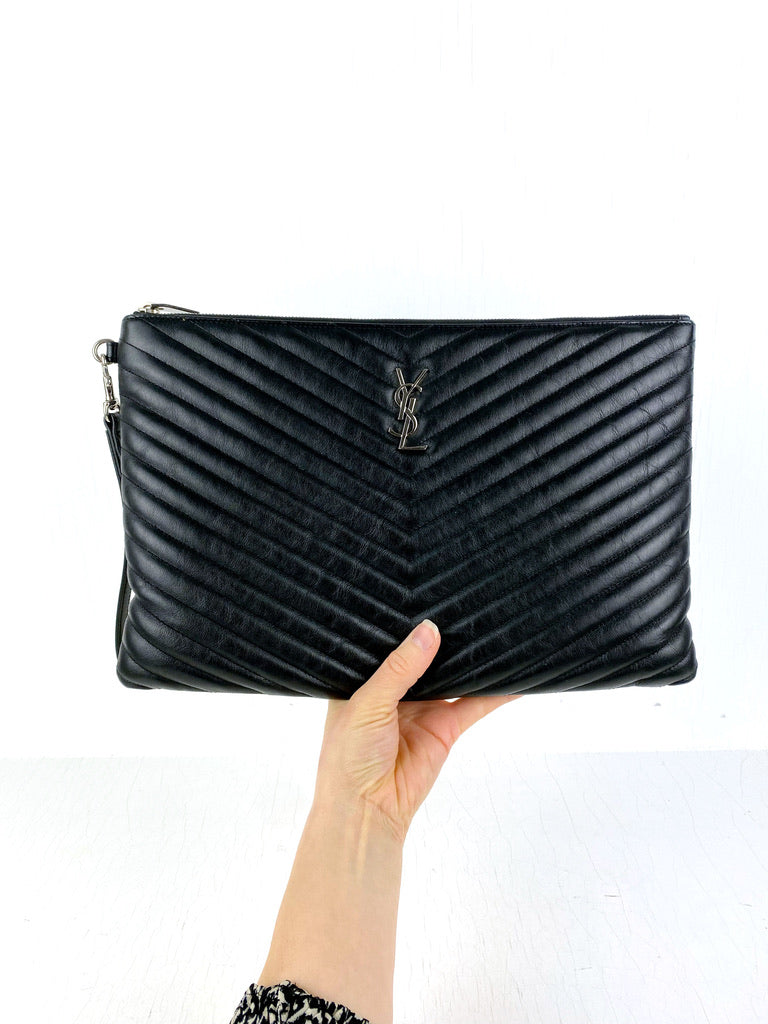 Saint Laurent Stor Clutch - Sort Med Sølvhardware -