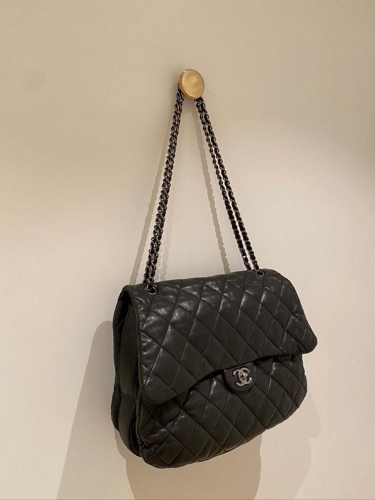 Chanel Black Quilted Lambskin Leather Maxi 3 Accordion Flap Bag