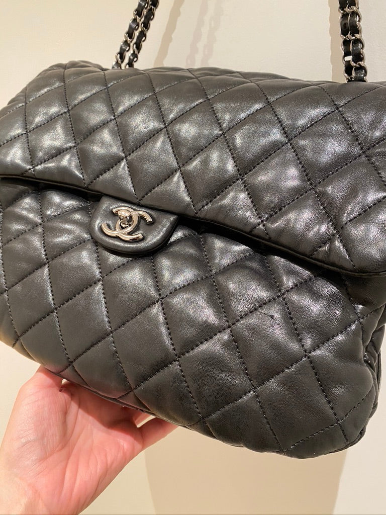 Chanel Black Quilted Lambskin Leather Maxi 3 Accordion Flap Bag