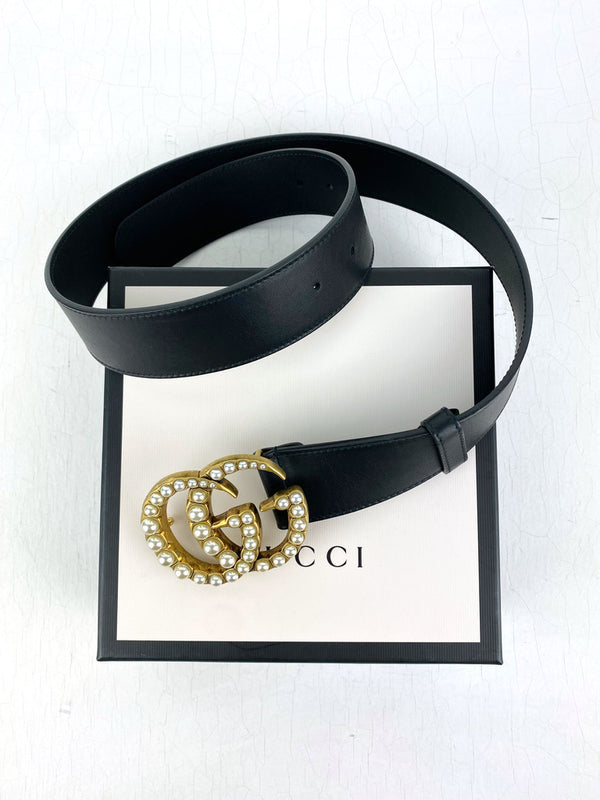 Gucci Leather Belt With Pearl Double G/Bælte - Str 80 - (Nypris 4.250 kr)