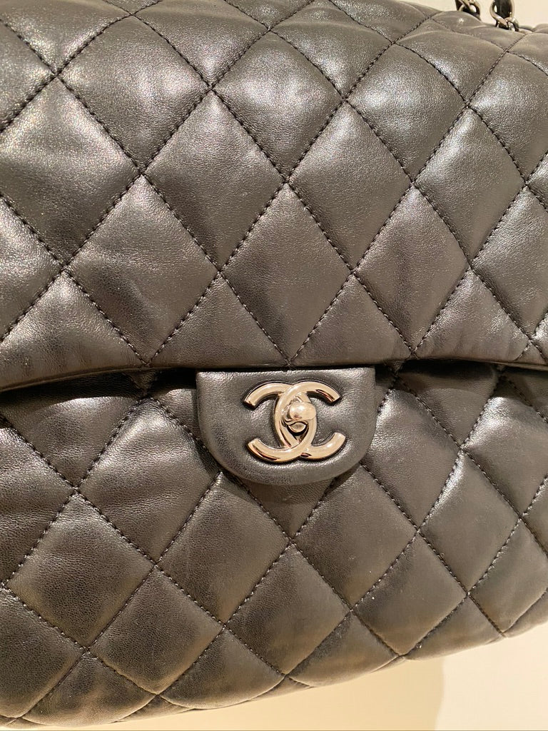 Chanel Black Quilted Lambskin Leather Maxi 3 Accordion Flap Bag