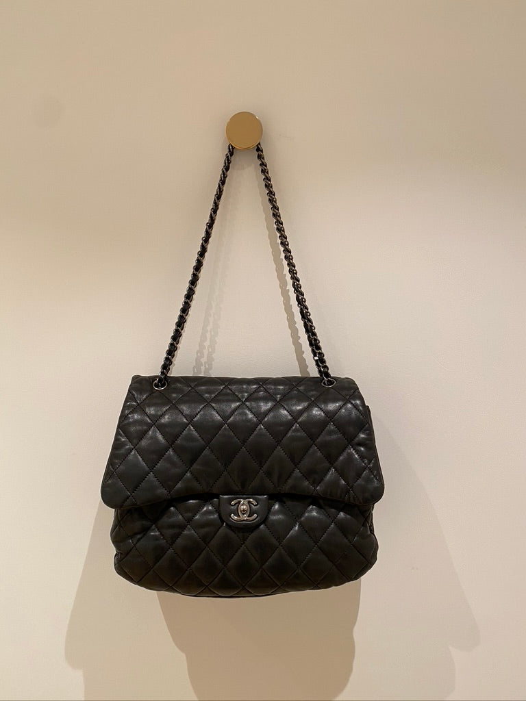Chanel Black Quilted Lambskin Leather Maxi 3 Accordion Flap Bag
