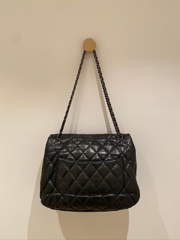 Chanel Black Quilted Lambskin Leather Maxi 3 Accordion Flap Bag