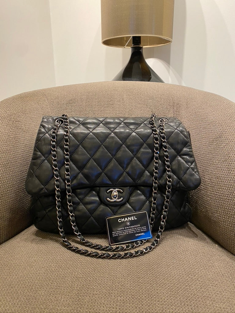 Chanel Black Quilted Lambskin Leather Maxi 3 Accordion Flap Bag