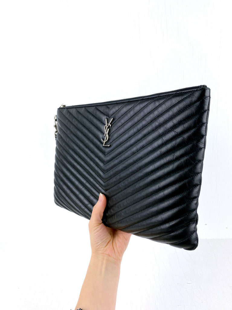 Saint Laurent Stor Clutch - Sort Med Sølvhardware -