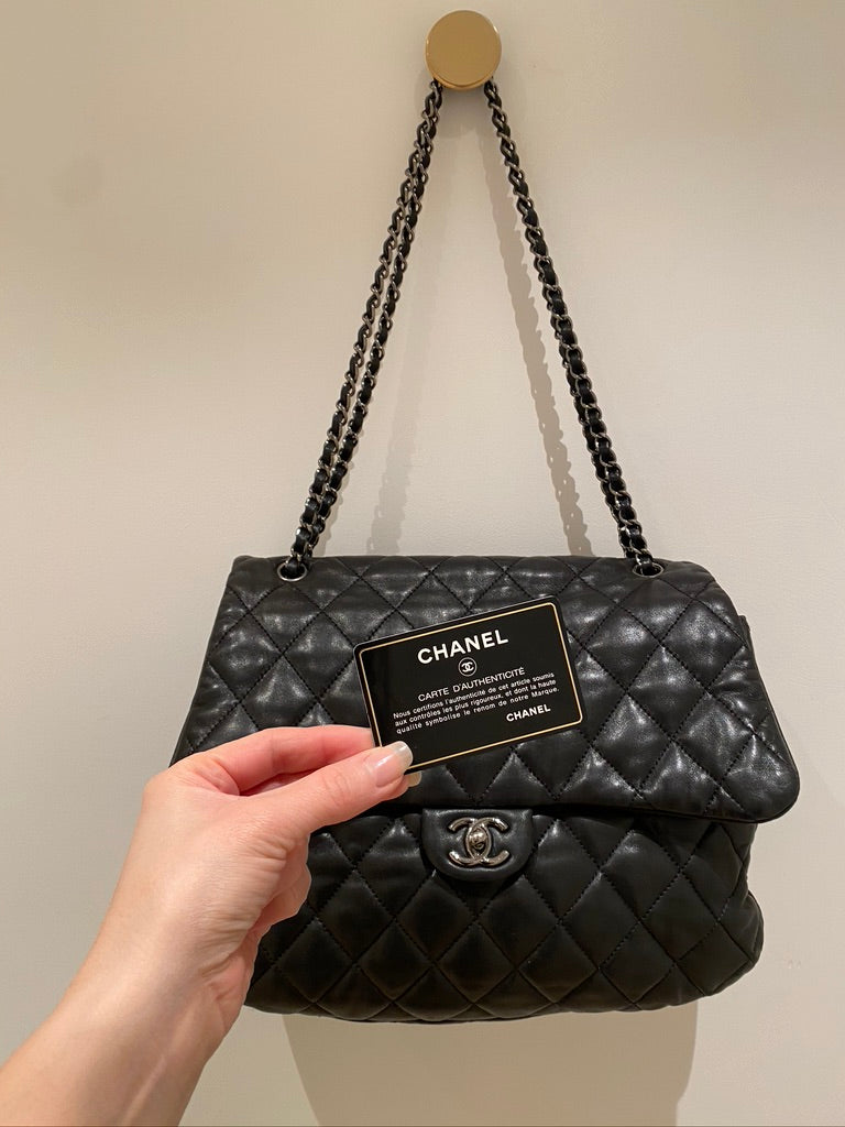 Chanel Black Quilted Lambskin Leather Maxi 3 Accordion Flap Bag