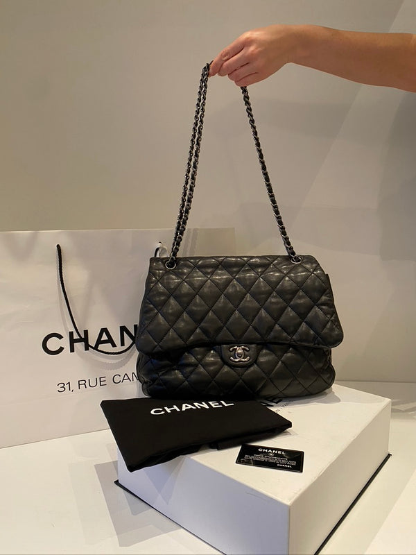 Chanel Black Quilted Lambskin Leather Maxi 3 Accordion Flap Bag