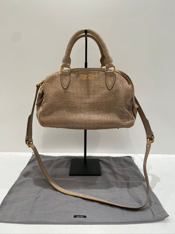 Miu Miu Talco Croc Embossed Patent Leather Satchel Bag
