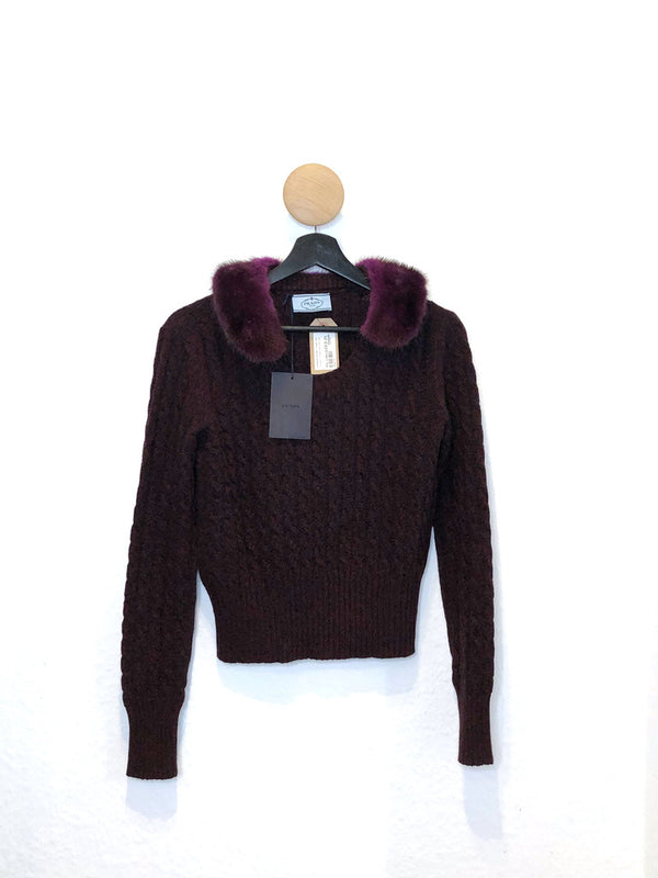 Prada Strikbluse Med Pelskrave - Passer Ca Str S